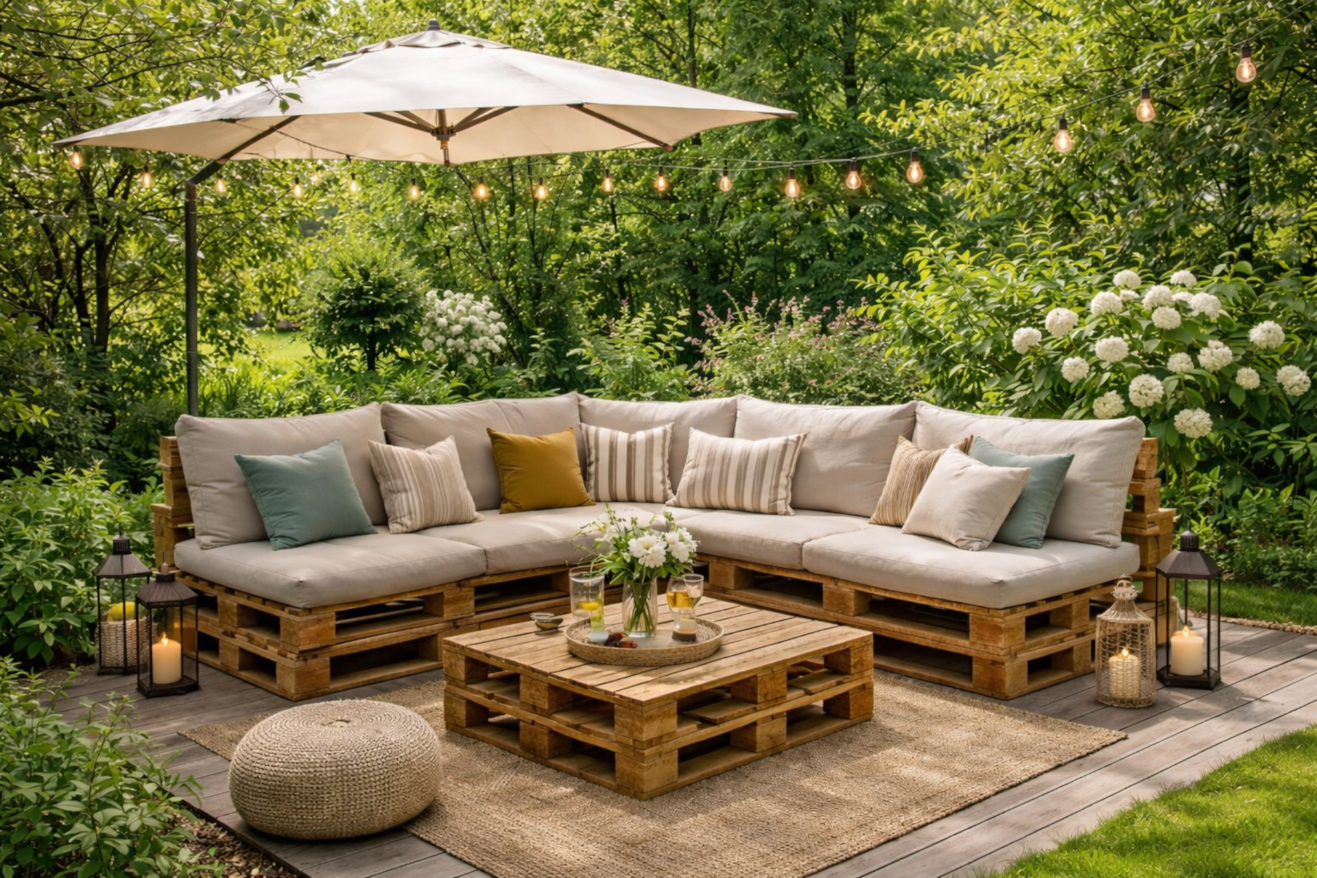 Ein Sonnensegel überdeckt eine Terasse und hüllt sie in ein angenehmes Licht